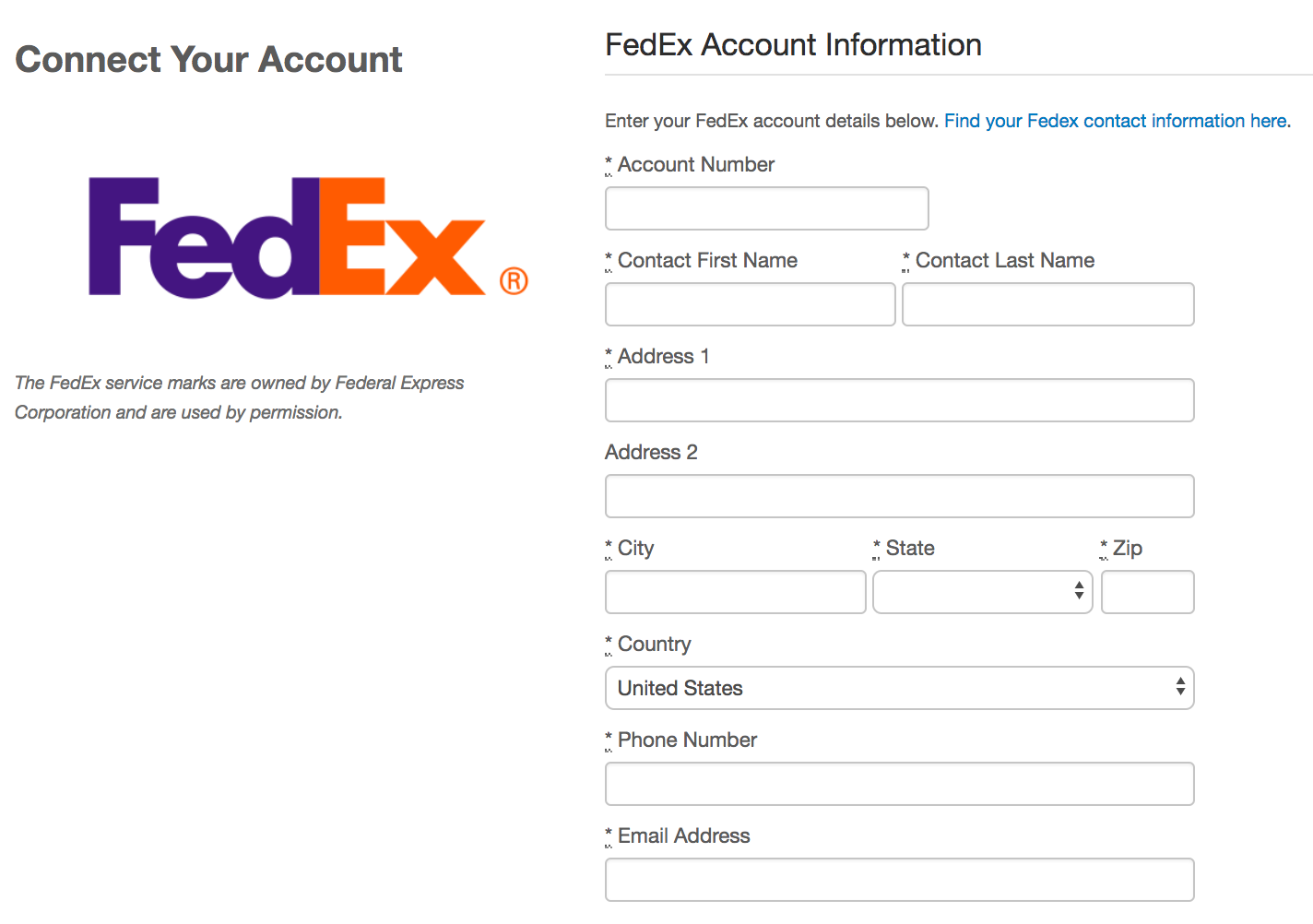 Connection popup with FedEx Account details information fields