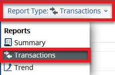 The report type link is expanded and transactions is selected from the list.