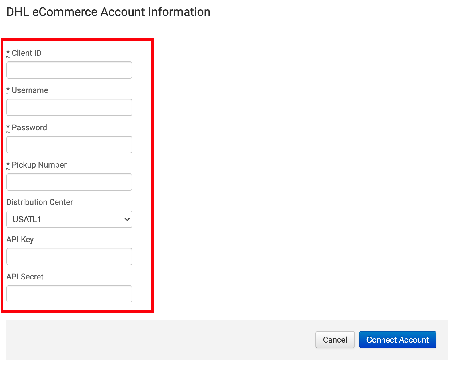 Box highlights 7 fields for DHL eCommerce account info