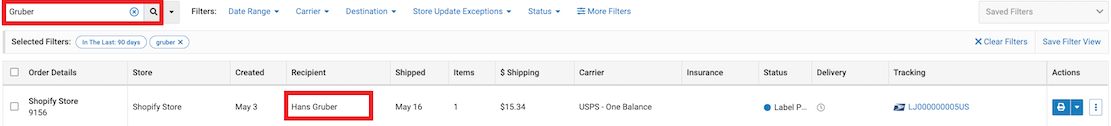 Search shipment history by the last name
