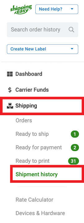 Shipments then Shipment History