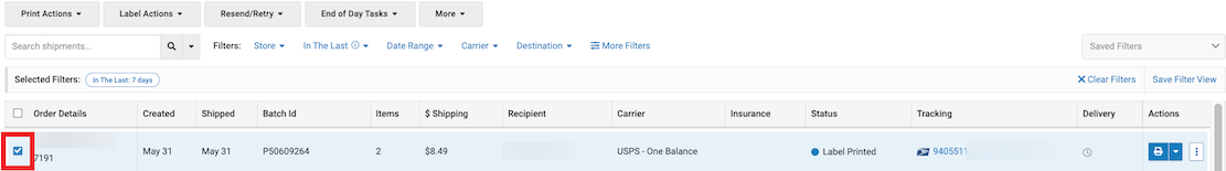 Shipment history with selected shipment marked