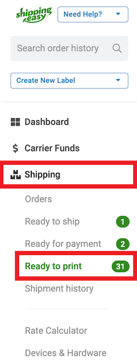 Navigation bar showing the Shipping sidebar expanded with Ready to Print highlighted