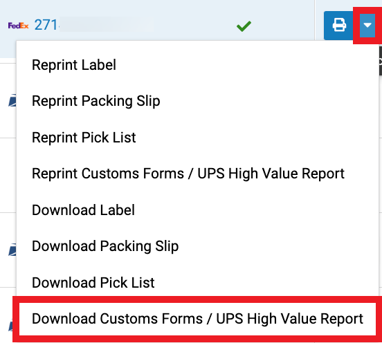 The shipment history page shows the reprint dropdown highlighted. In the dropdown Download Customs Forms / UPS High-Value Report is marked.