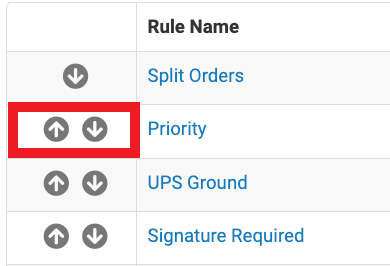 Shipping Rules page showing action arrows to organize the shipping rule order highlighted