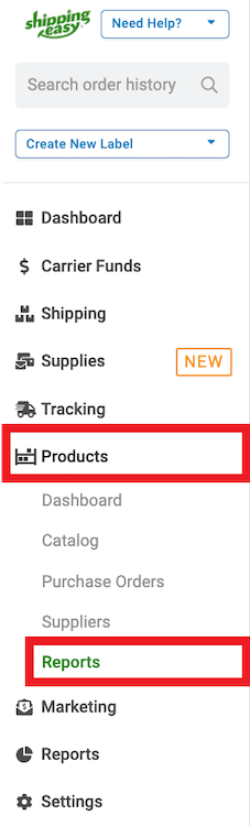 Navigation bar showing the products section expanded and Reports highlighted