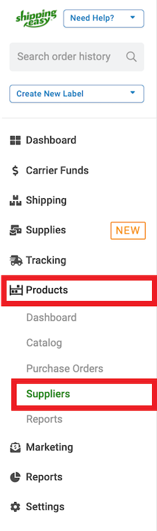 Side navigation bar with the Products section expanded and Suppliers highlighted
