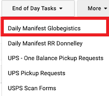 end of day tasks button dropdown showing Daily Manifest Globegistics highlighted