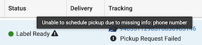 Package pickup error message that says Unable to schedule pickup due to missing info: phone number