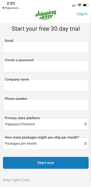Mobile view showing the Start Free Trial Basic information entry page. Required fields to be filled in are email, create a password, company name, phone number, primary store platform, and How many packages might you ship per month? A Start Now button is below.