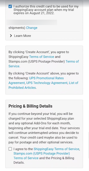 Mobile view of the Paparazzi Premiere account set up to allow authorization for billing and acceptance of the terms of service