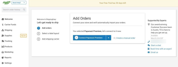 ShippingEasy page showing a button to add orders from Paparazzi Premiere