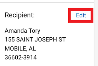 Order details that show the recipient's address. Edit is marked.