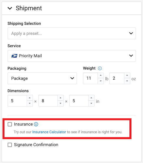The order details shipment section expanded. Insurance is marked