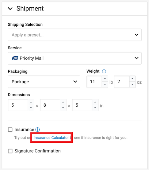 The order details shipment section is expanded. Insurance Calculator is marked
