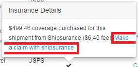 Insurance details popup with the link Make a claim with shipsurance highlighted.