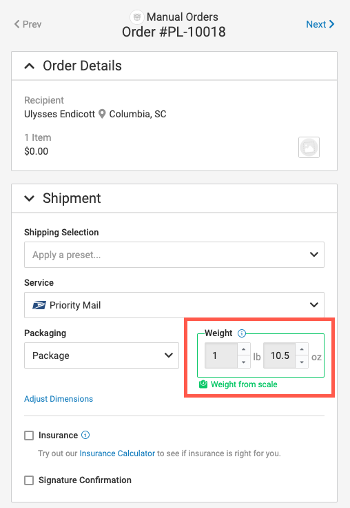 Order details slideout weight registered marked