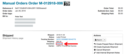 Shipment Details: Arrow points to ​​Insurance​​​ value displayed in the order details.