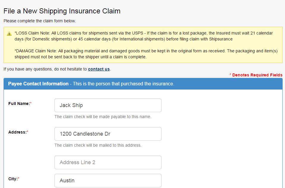 Shipsurance claim form prefilled