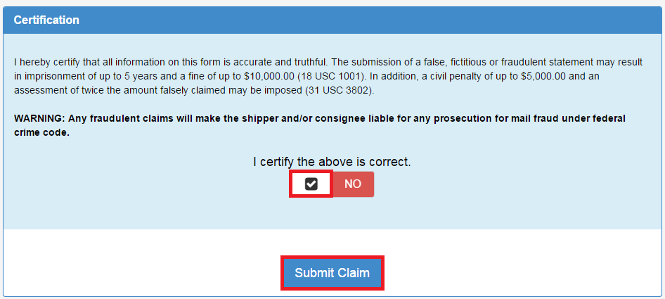 Shipsurance submit claim button highlighted