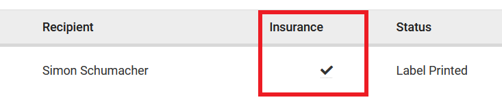 Shipment History with Insurance checked.