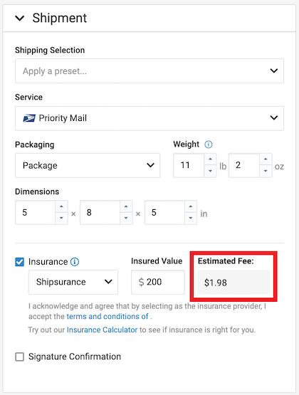 Order details shipment section expanded. The insurance box is ticked. It has Shipsurance as the insurance provider, the insured value is $200, and the estimated fee box is marked with $1.98