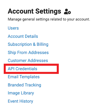 The account settings section is displayed with the API Credentials link highlighted.