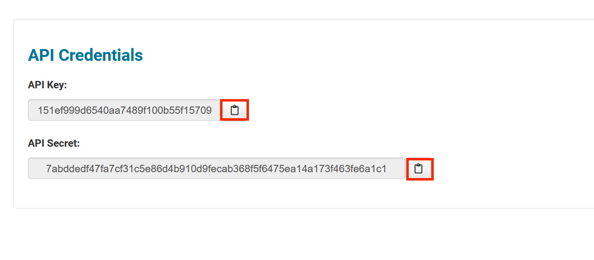 The copy icon is highlighted for the API key and the API secret in the API credentials section.