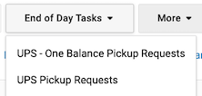 End of Day dropdown shows UPS One Balance Pickup Requests and UPS Pickup Requests.