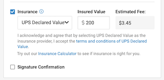 The order details slide out shows insurance selected with UPS Declared Value insured value of $200 for an estimated fee of $3.45