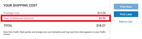 Shipping Cost screen with the Fees (additional options) item highlighted.
