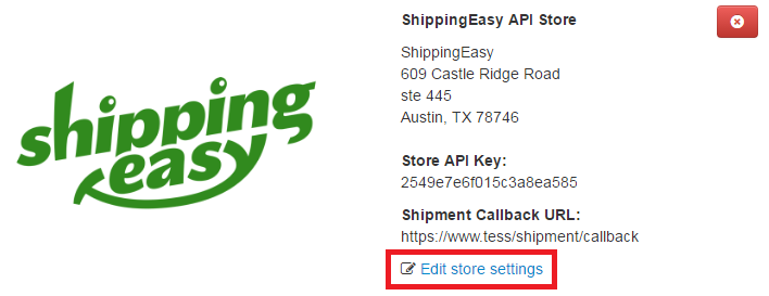 The Edit store settings link for the ShippingEasy API store.