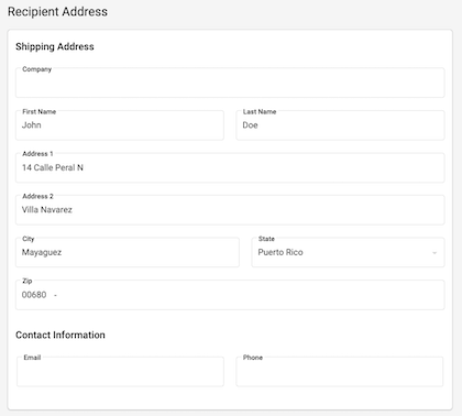 order details slide out that shows the recipient address edit popup with a Puerto Rico address as the example