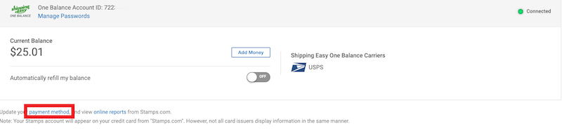 Box highlights Payment method link in UI