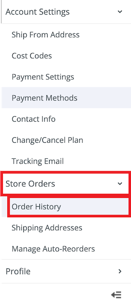 Stamps.com page showing Store Orders then Order History marked