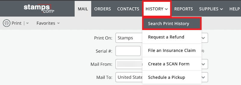 Stamps.com menu with History and Search Print History option highlighted.